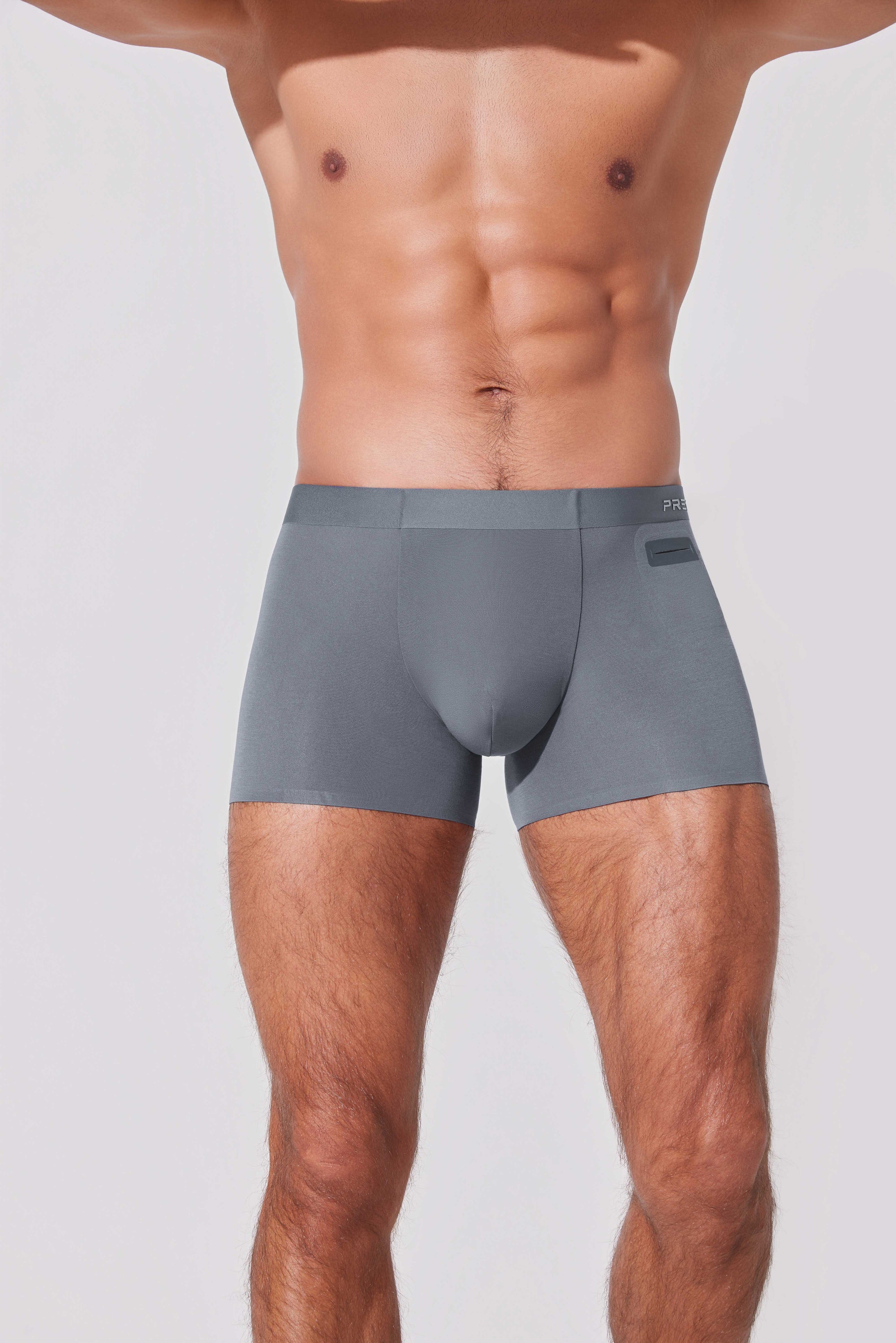 Men wearing Ryder storm grey pocket boxer briefs - active lifestyle