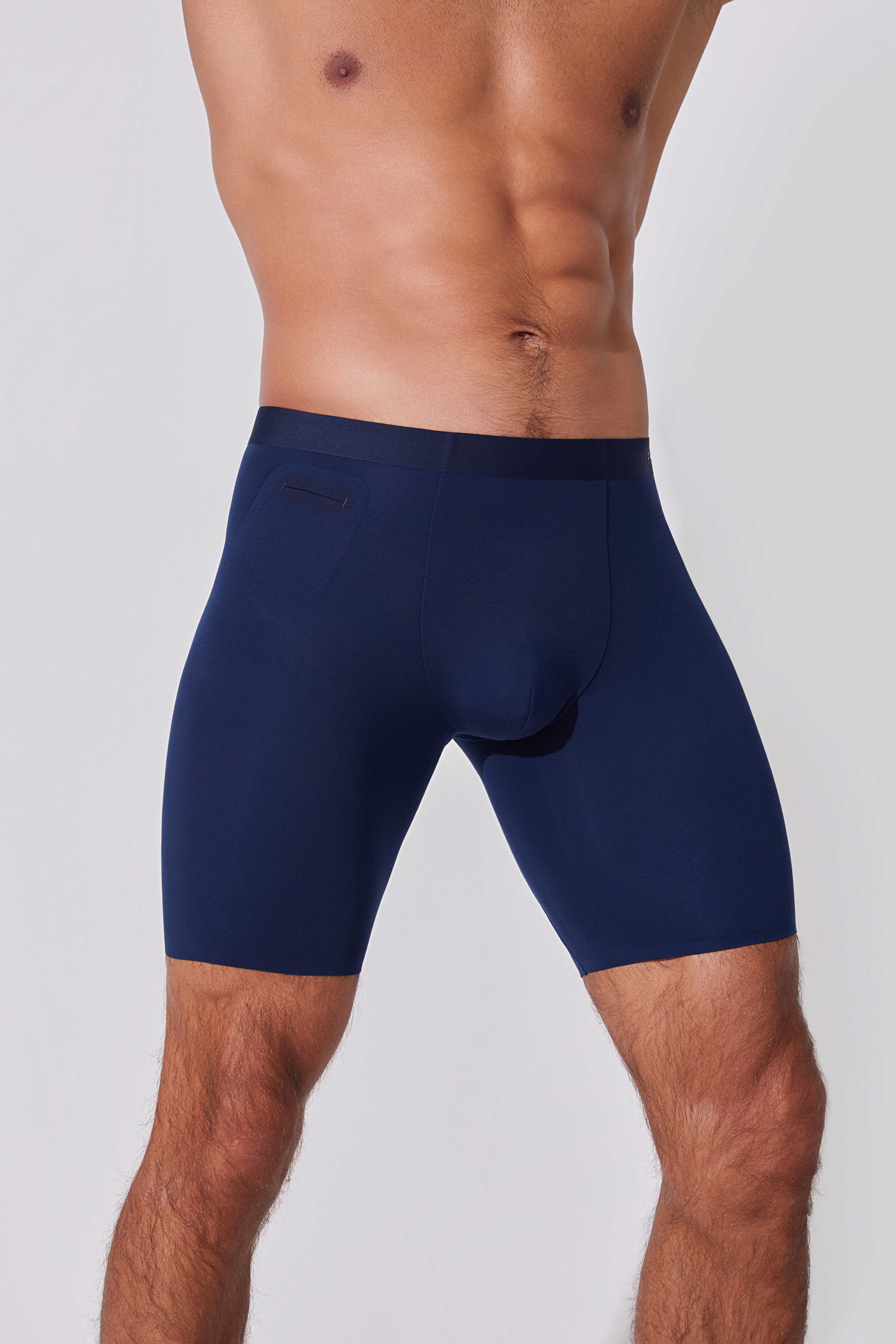 Men’s navy blue boxer briefs with dual pocket design - secure storage