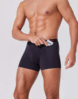 Men’s boxer briefs with hidden pocket holding condom for discreet carry
