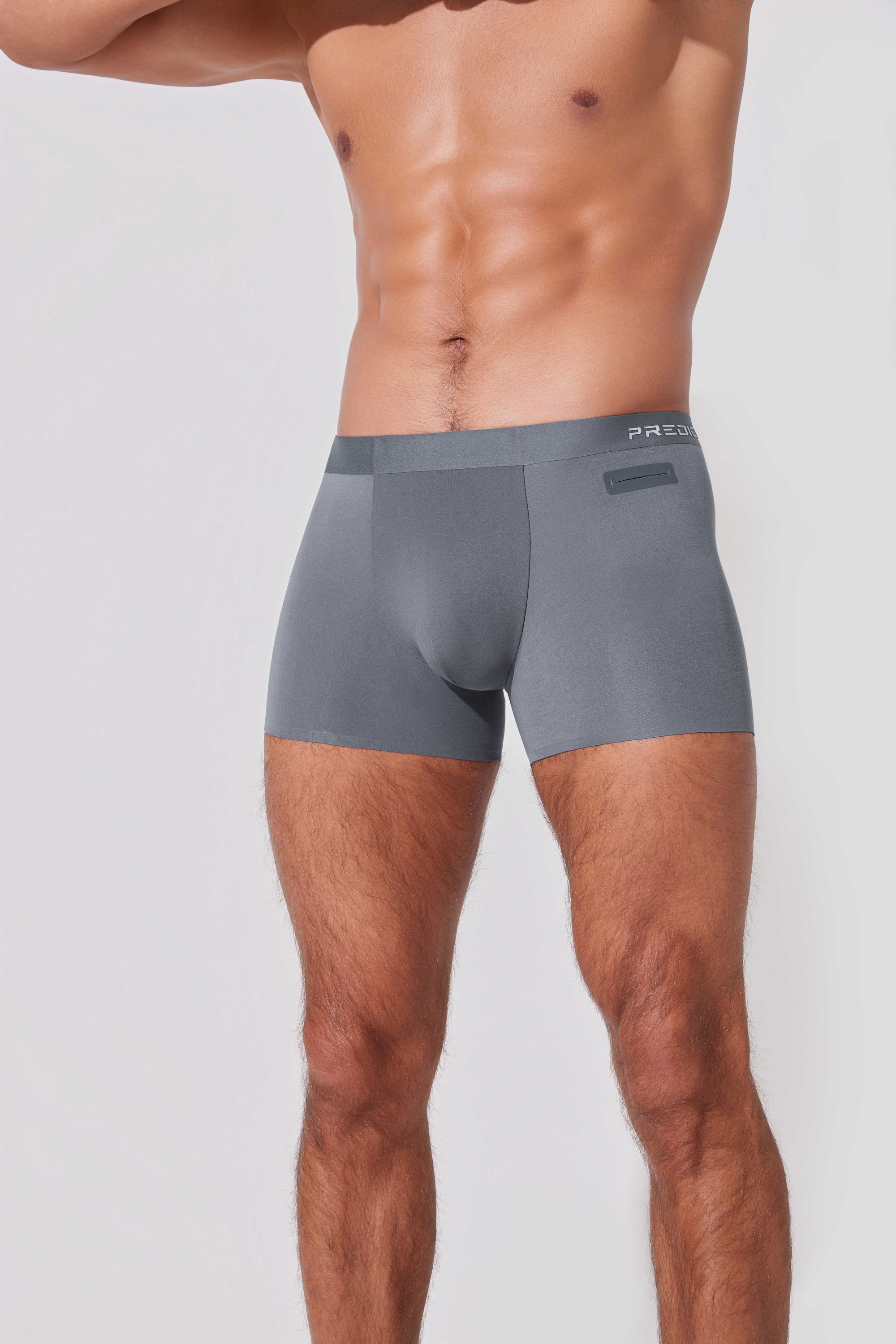 Storm grey men’s boxer briefs with hidden pocket detail on side