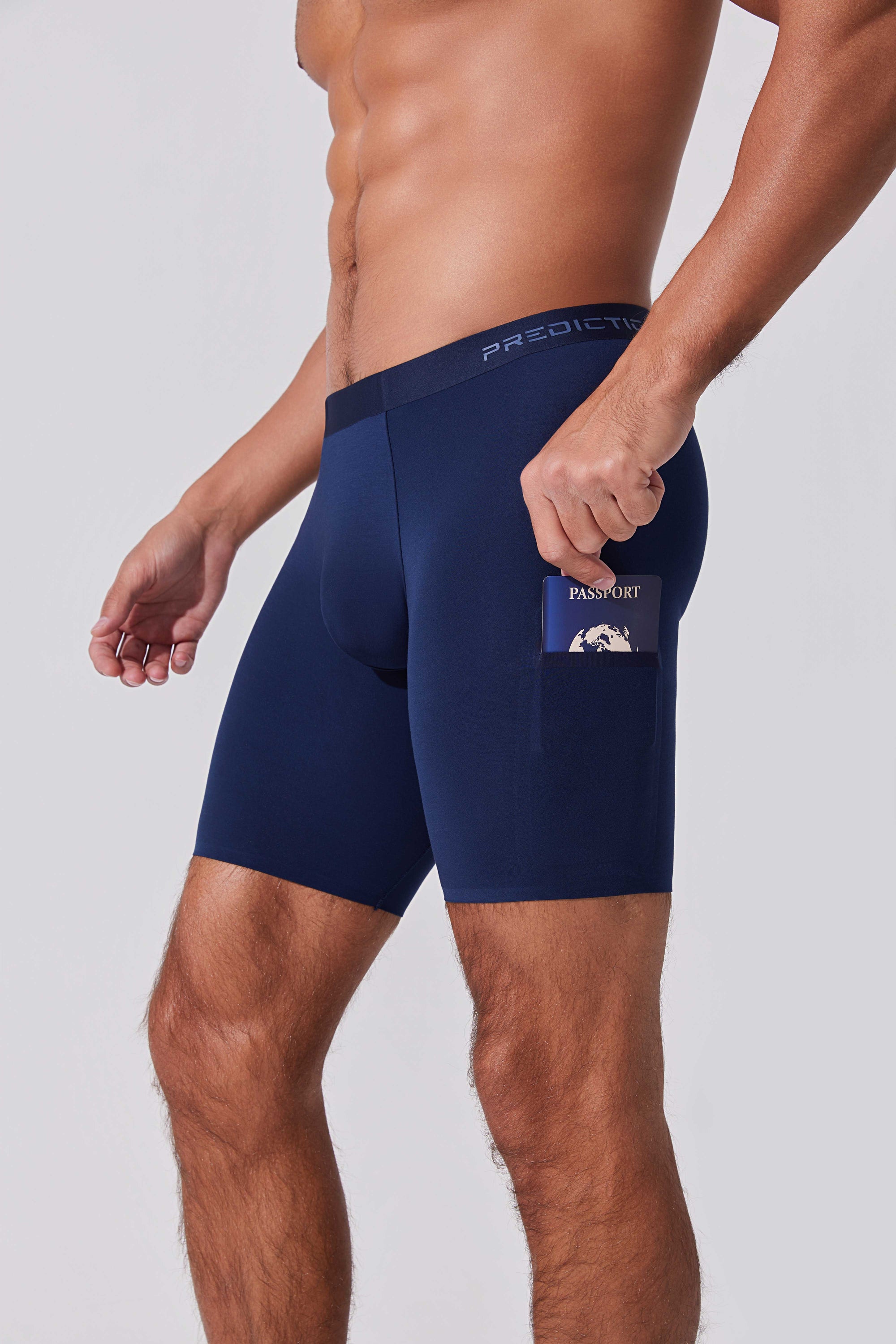 Men’s boxer briefs with dual pocket holding passport securely