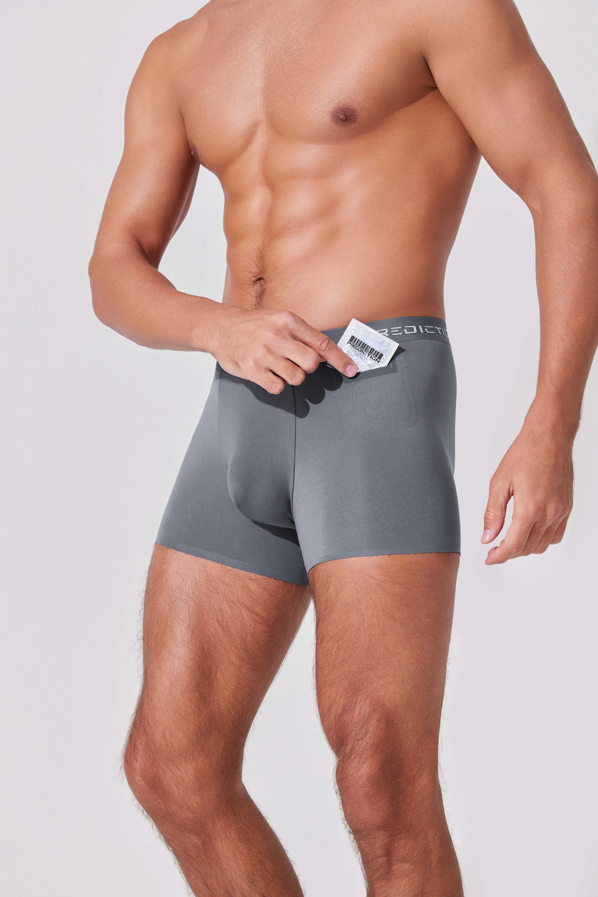 Men’s boxer briefs with hidden pocket in storm grey showing everyday wear