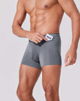 Men’s boxer briefs with hidden pocket in storm grey showing everyday wear
