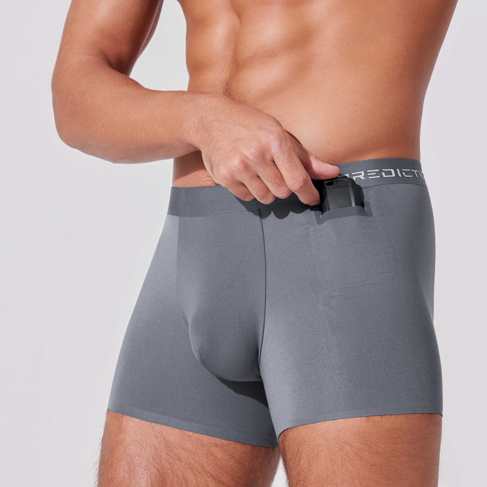 Men’s boxer briefs with patented pocket holding wallet, storm grey