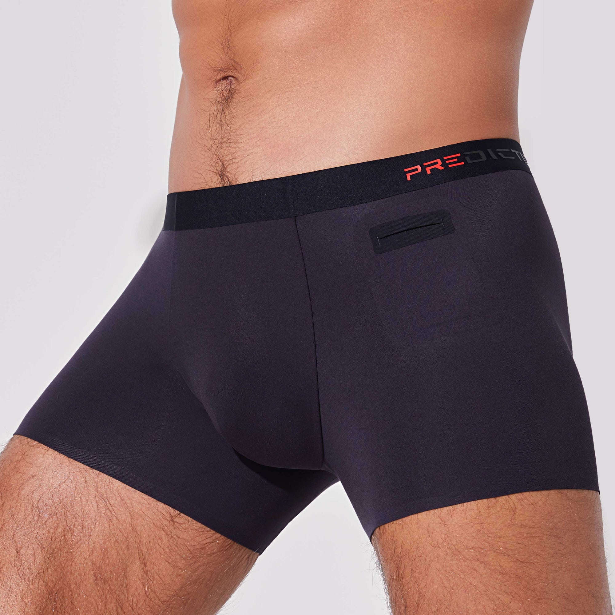 Black men’s boxer briefs with patented side pocket underwear