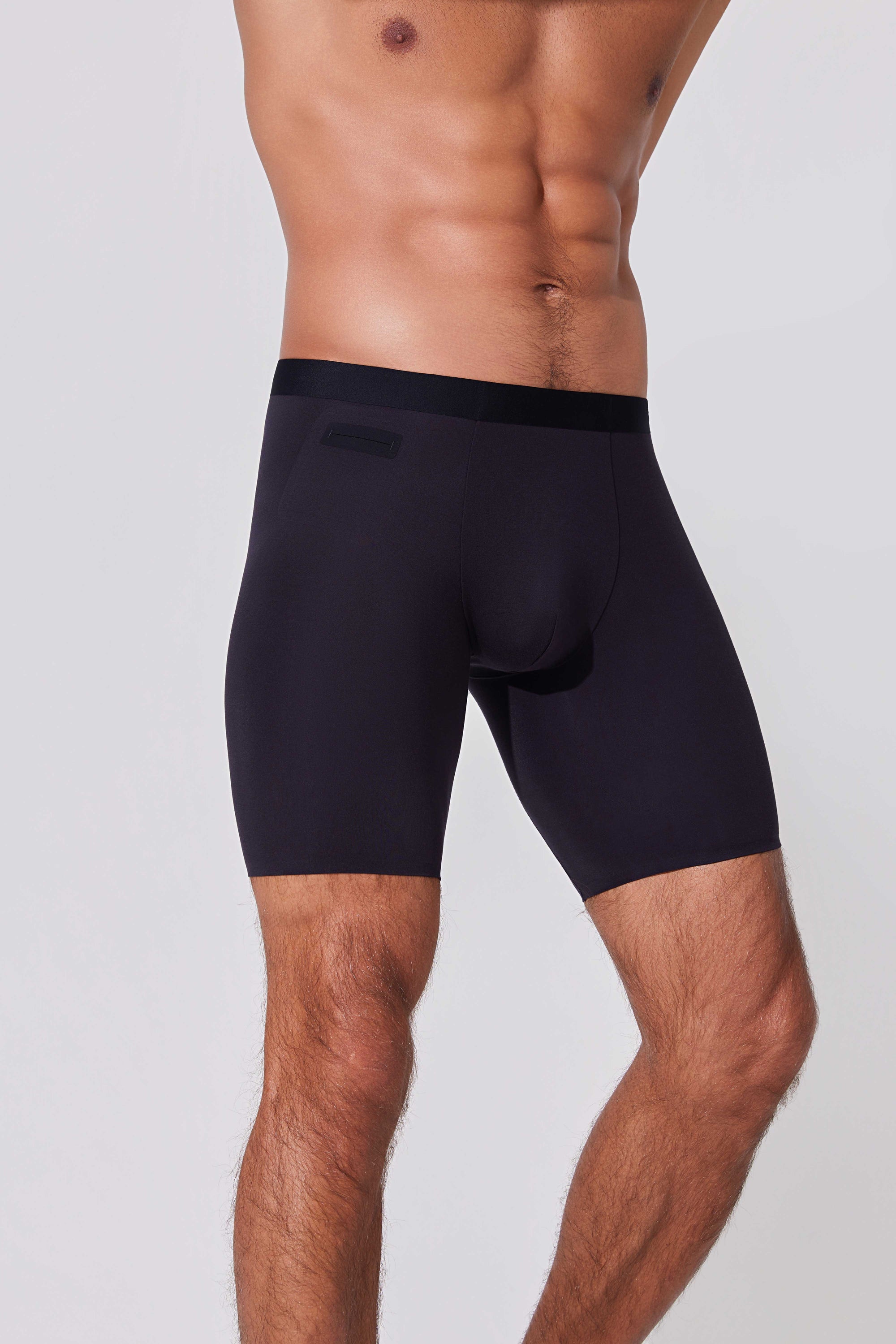 Men’s dual pocket boxer briefs in black with enhanced storage design
