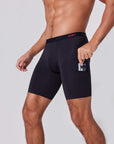 Men’s dual pocket boxer briefs with side pocket holding cards