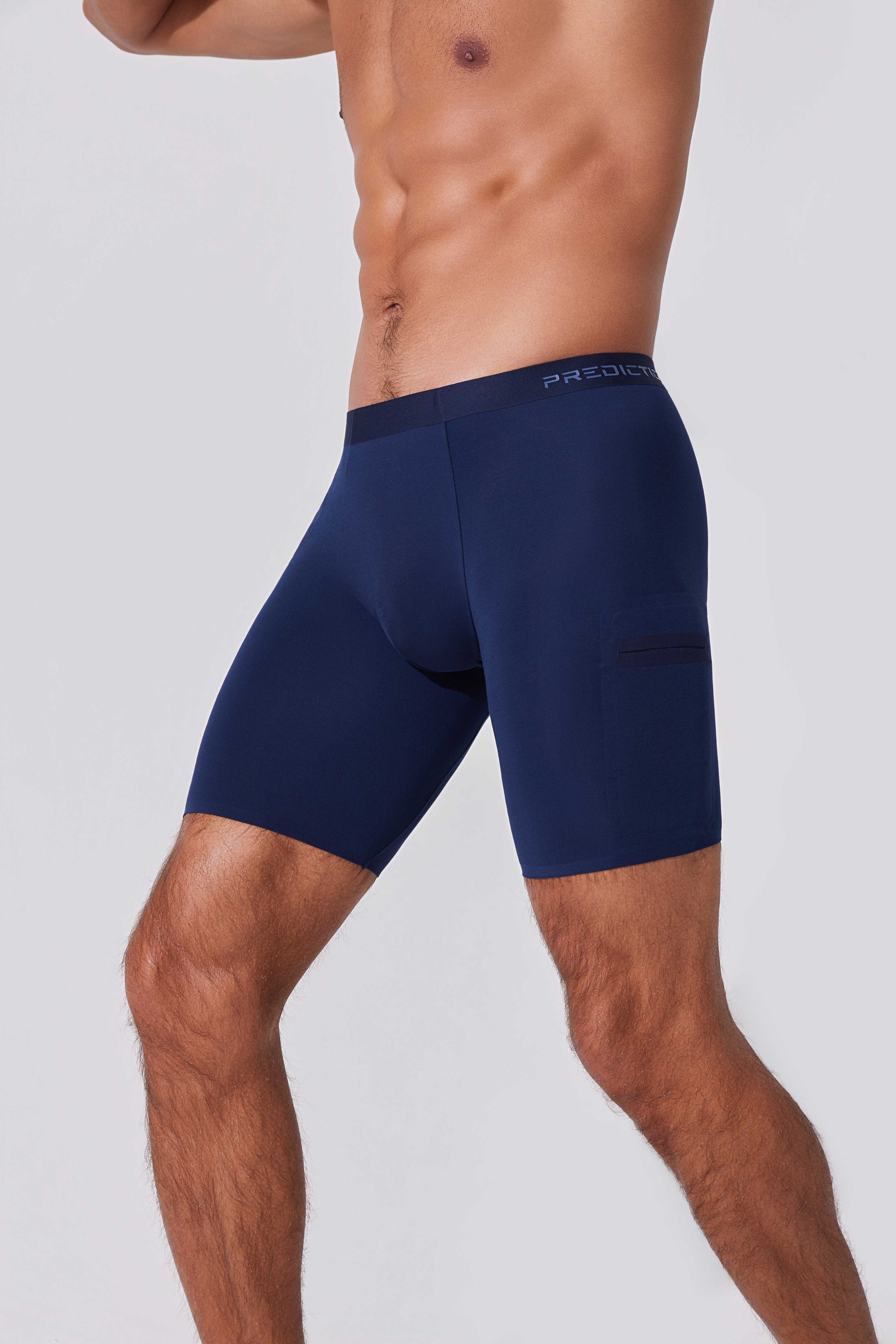 Men’s dual pocket boxer briefs showing second side pocket in navy blue