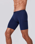 Men’s dual pocket boxer briefs showing second side pocket in navy blue