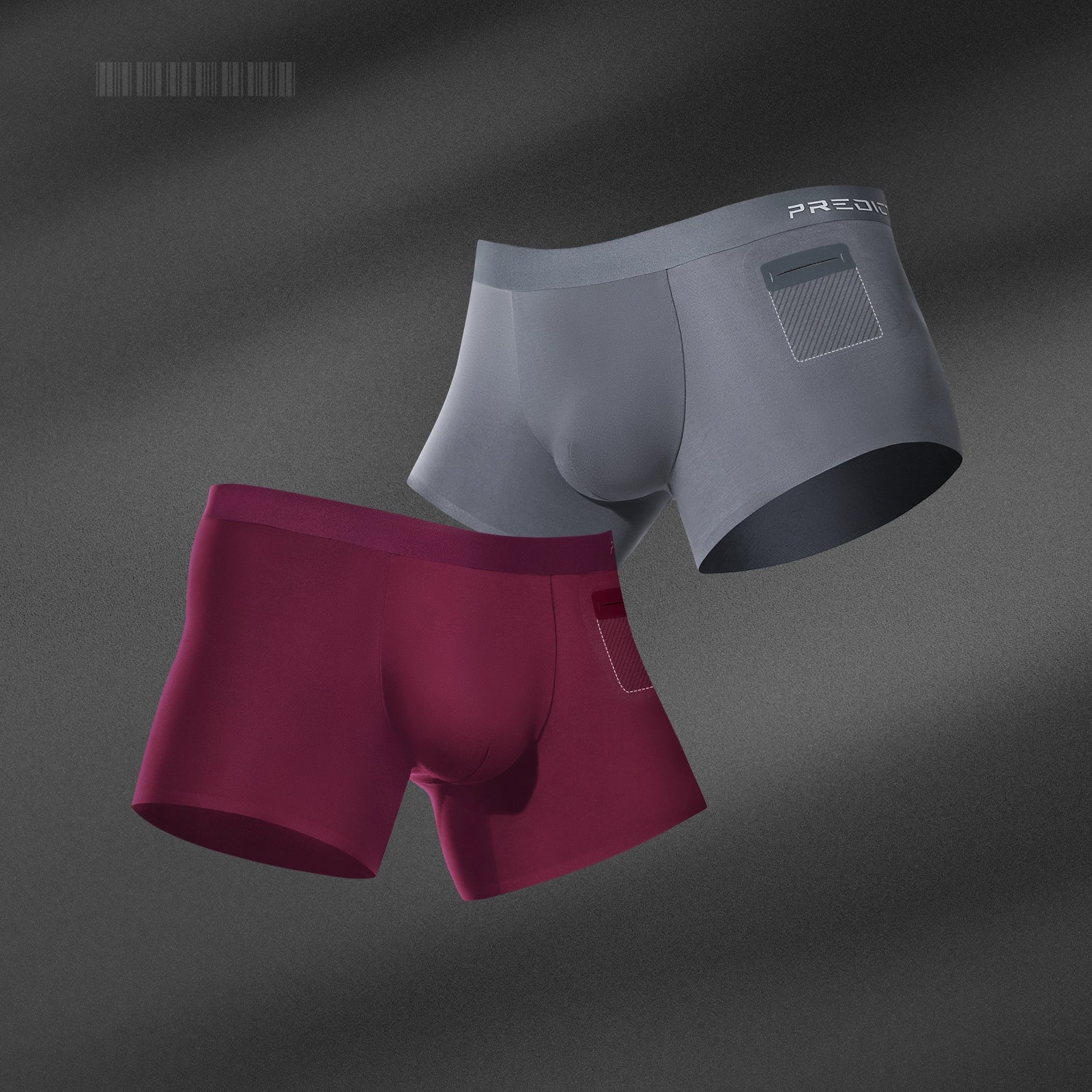 Ryder storm-grey and burgundy single pocket boxer briefs front side pocket view highlighted